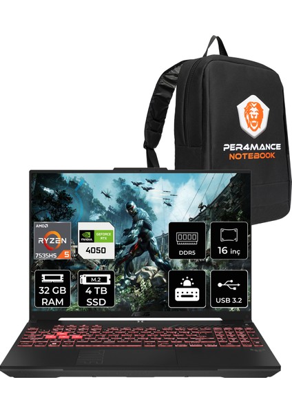 Tuf Gaming A16 Amd Ryzen 5 7535HS 32GB 4tb SSD RTX4050/6GB 140W 16" Fhd+ 144Hz Freedos Taşınabilir Bilgisayar & Per4 Çanta FA607NURL095P320