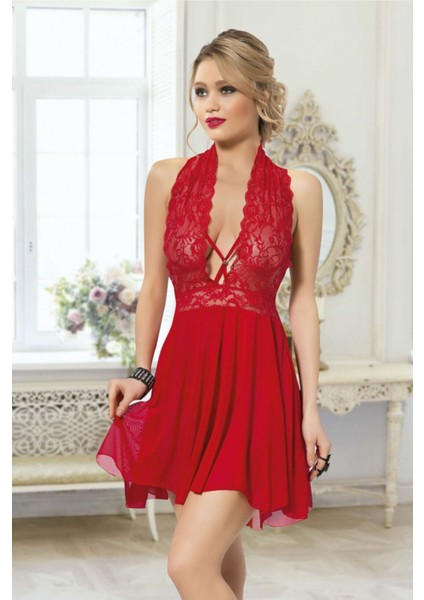 Kadın Kırmızı Çapraz Bağlı Kısa Tül Dantel Gecelik