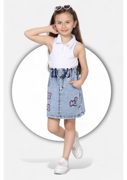 % 100 Pamuk-Yüksek Bel-Taş Yıkamalı-Çift Düğmeli-Kuromi Yazılı Süzene Nakışlı-Kız Çocuk Kot Etek