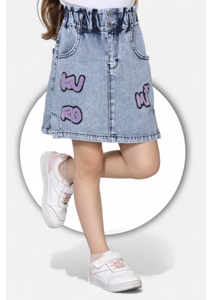 % 100 Pamuk-Yüksek Bel-Taş Yıkamalı-Çift Düğmeli-Kuromi Yazılı Süzene Nakışlı-Kız Çocuk Kot Etek fiyatları