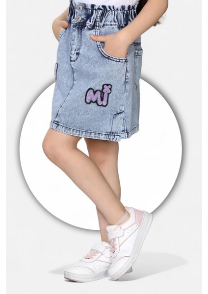 % 100 Pamuk-Yüksek Bel-Taş Yıkamalı-Çift Düğmeli-Kuromi Yazılı Süzene Nakışlı-Kız Çocuk Kot Etek modelleri