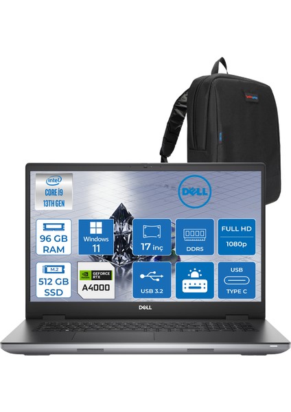Precision M7780 Intel I9-13950HX 96GB Ddr5 512GB SSD 12GB/RTX4000 17.3" Fhd 500NITS Windows 11 Pro Taşınabilir Worrkstation XCTOP7780EMEA400033+ZETTAÇANTA