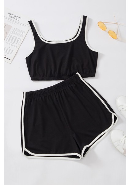 Kadın Siyah Askılı Crop Top ve Şortlu Gecelik Takım