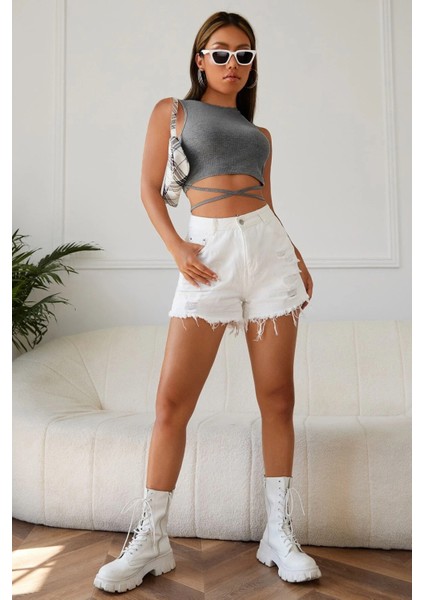 Kadın Gri Çapraz Bağlamalı Crop Top Büstiyer