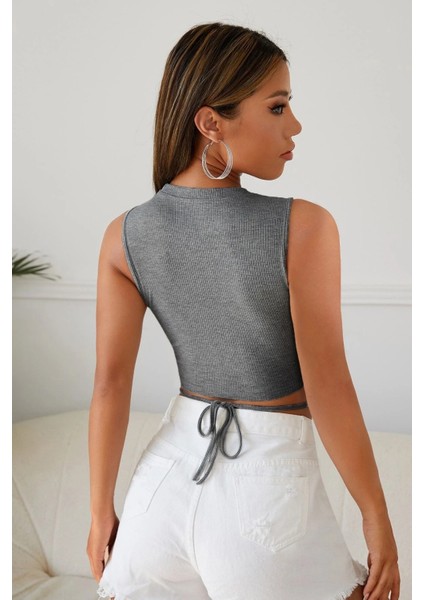 Kadın Gri Çapraz Bağlamalı Crop Top Büstiyer