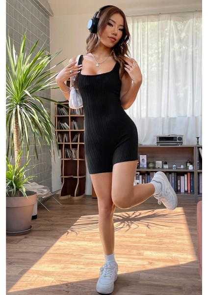 Kadın Siyah Kalın Askılı Şortlu Kaşkorse Tulum Gecelik fırsatları