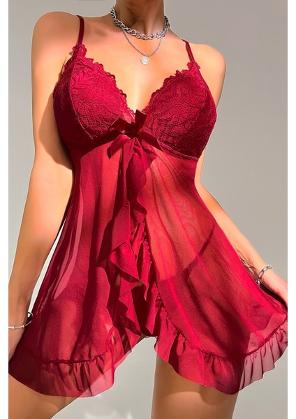 Kadın Bordo Dantelli, Fırfırlı Tül ve Fiyonk Detaylı Tangalı Gecelik Takımı