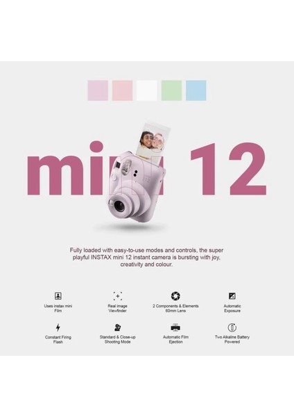 Instax Mini 12 Anlık Fotoğraf Makinesi/ Minimate Özel Kılıf/20 Sayfa/ikili Paket - Mor