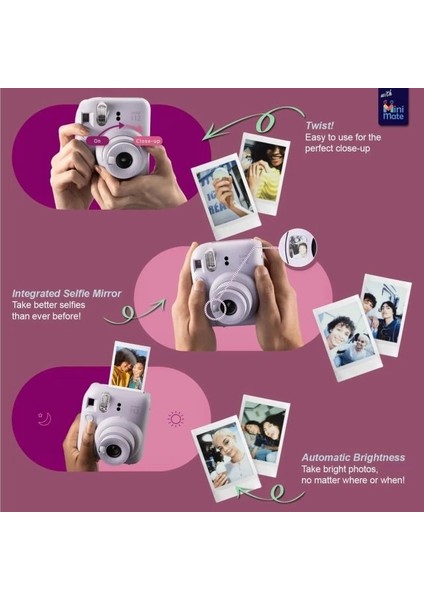 Instax Mini 12 Anlık Fotoğraf Makinesi/ Minimate Özel Kılıf/20 Sayfa/ikili Paket - Mor