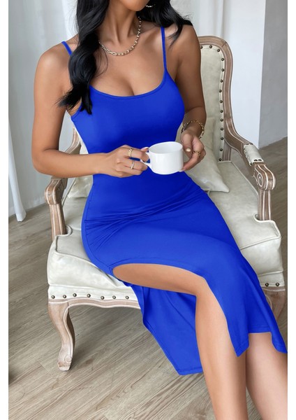 Kadın Mavi Yırtmaçlı Diz Altı Vücüdu Saran Gecelik modelleri