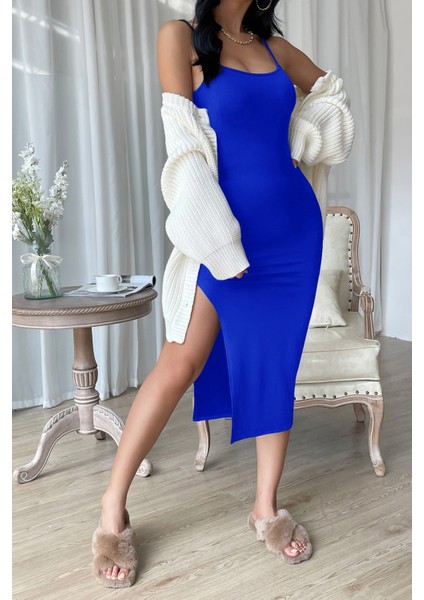 Kadın Mavi Yırtmaçlı Diz Altı Vücüdu Saran Gecelik indirimleri