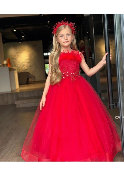 Tüylü Incili Abiye Taçlı 2'li Set Takım