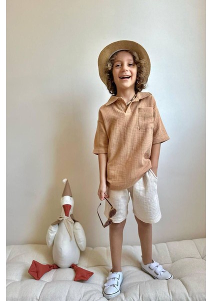 Müslin Cepli Erkek Çocuk Rahat takım - Kahve