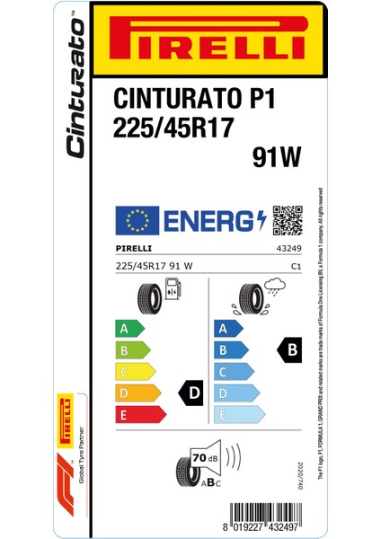 225/45 R17 91W Cinturato P1 Oto Yaz Lastiği (Üretim Yılı:2024)