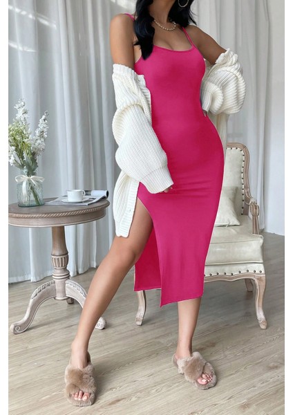 Kadın Fuşya Yırtmaçlı Diz Altı Vücüdu Saran Gecelik indirimleri