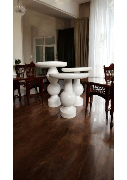 Wood Wooden Ahşap 3’lü Set Fitilli Mantar Yan Sehpa Modern Beyaz Renk Fiskos