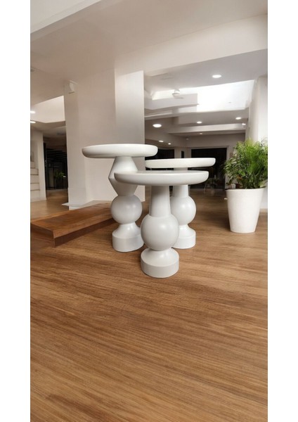 Wood Wooden Ahşap 3’lü Set Fitilli Mantar Yan Sehpa Modern Beyaz Renk Fiskos modelleri