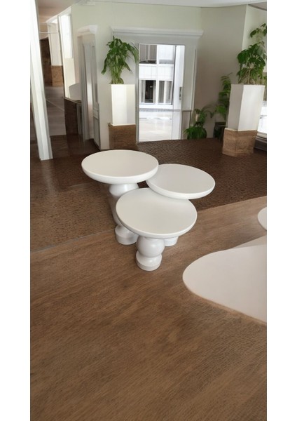 Wood Wooden Ahşap 3’lü Set Fitilli Mantar Yan Sehpa Modern Beyaz Renk Fiskos fırsatları