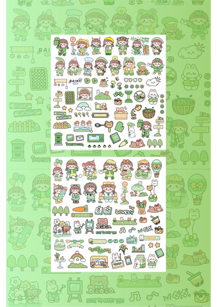 Kawaii Yeşil Renk 110 Adet Çıkartma Sticker Seti - Kalem, Laptop Defter Suluk Sticker