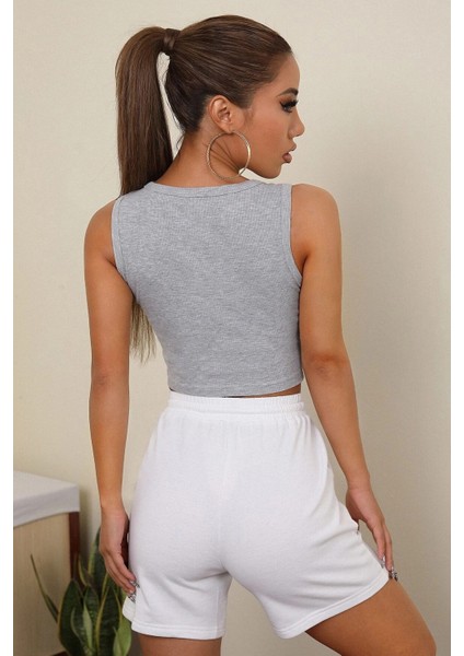 Kadın Gri Kare Yaka Crop Top Bluz