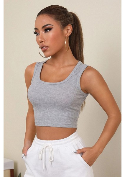 Kadın Gri Kare Yaka Crop Top Bluz