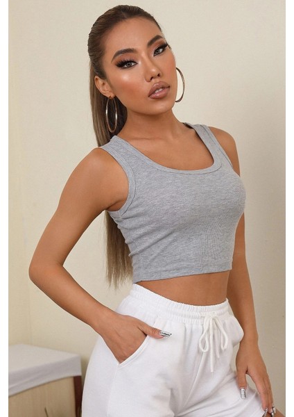Kadın Gri Kare Yaka Crop Top Bluz