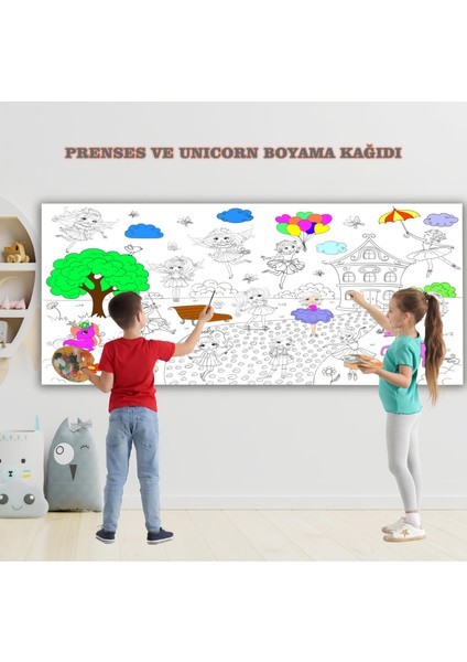 Prenses ve Unıcorn Temalı Dev Boyama Kağıdı 2,5 Metre Rulo Boyama Kağıdı Çocuk Anaokulu ve Kreşler İçin Aktivite Eğitici Boyama