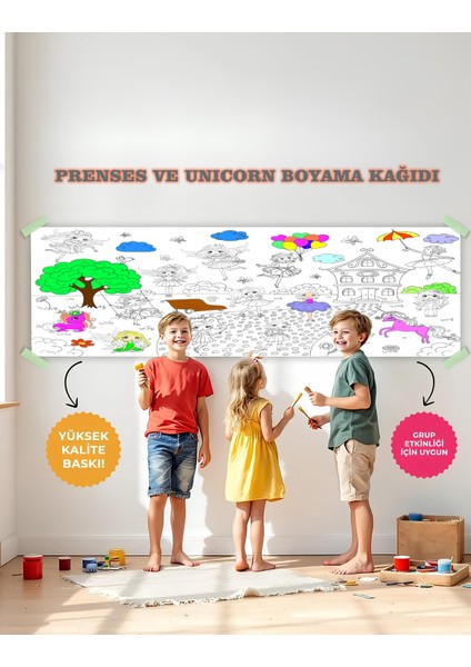 Prenses ve Unıcorn Temalı Dev Boyama Kağıdı 2,5 Metre Rulo Boyama Kağıdı Çocuk Anaokulu ve Kreşler İçin Aktivite Eğitici Boyama