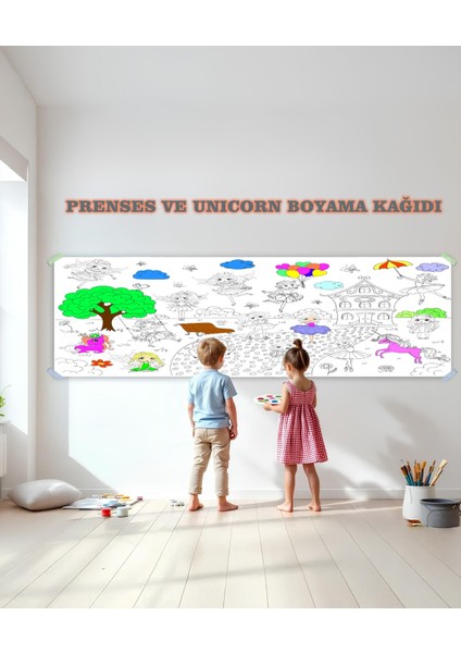 Prenses ve Unıcorn Temalı Dev Boyama Kağıdı 2,5 Metre Rulo Boyama Kağıdı Çocuk Anaokulu ve Kreşler İçin Aktivite Eğitici Boyama