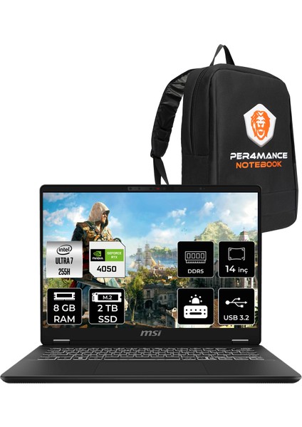 Msı Prestigepro 14 Aı Intel Core Ultra 7 255H 8gb 2tb SSD RTX4050/6GB 14" Fhd+ 144Hz Freedos Taşınabilir Bilgisayar & Per4 Çanta C2HVEG076TRP304