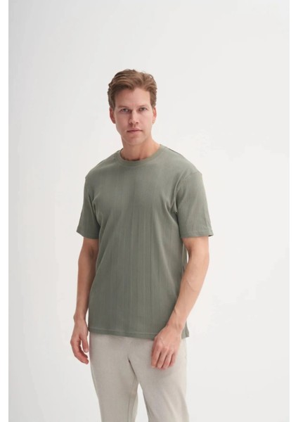 Bisiklet Yaka Slim Fit Likarlı Düz Tişört 4163 Haki