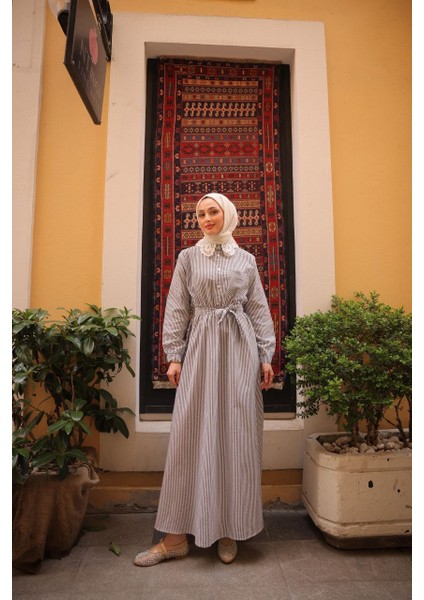Çizgili Dokuma Kumaş Elbise