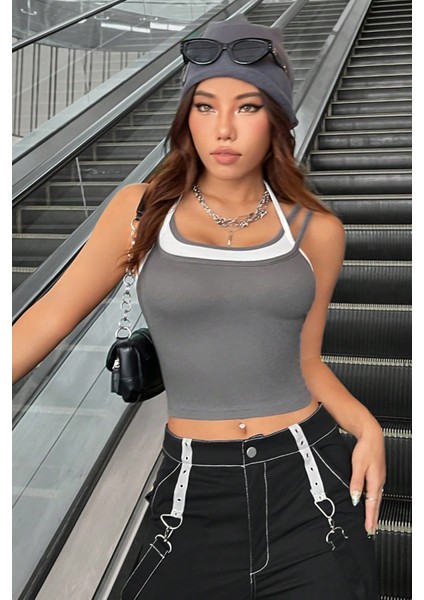 Kadın Antrasit Gri Beyaz Çift Renk Çapraz Askılı Crop Top Bluz