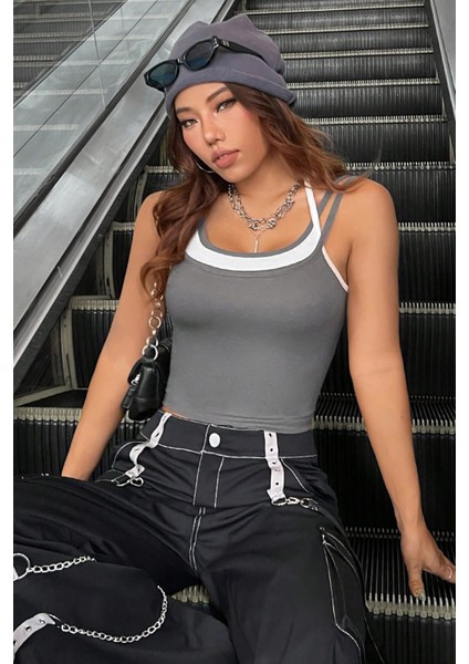 Kadın Antrasit Gri Beyaz Çift Renk Çapraz Askılı Crop Top Bluz