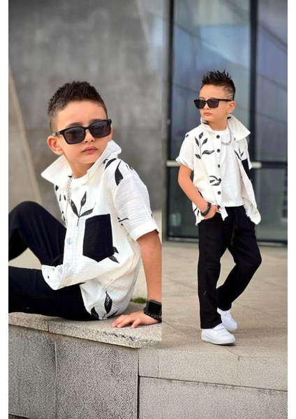 Müslin Dal Desenli Cepli 3 Lü Erkek Çocuk rahat takım - Siyah