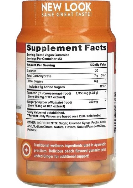 Turmeric Curcumin + Ginger Natural Peach 70 Vegan Gummies fiyatları