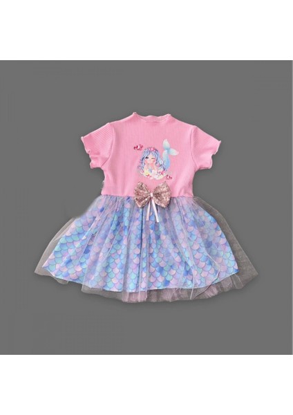 1-2-3 Yaş Denizkızı Baskılı Pul Desen Etekli Kız Bebek Elbisesi Pembe
