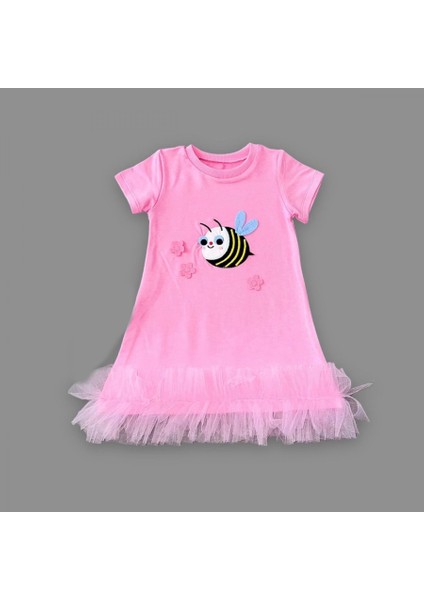 1-2-3 Yaş Arıcık Nakışlı Eteği Fırfırlı Jile Kız Çocuk Elbisesi Pembe