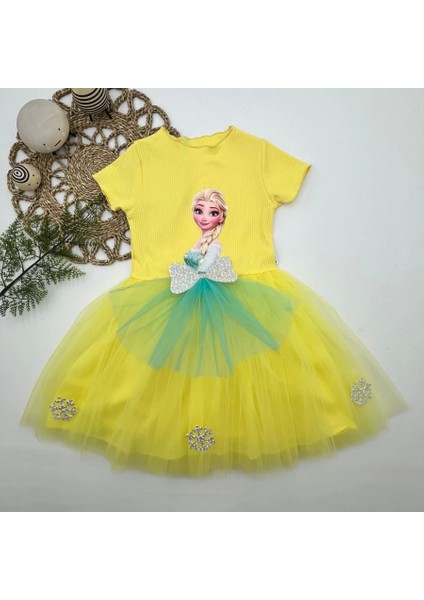 5-6-7 Yaş Elsa Desenli Fiyonklu Tül Etekli Astarlı Kısa Kollu Kız Çocuk Tütü Elbise Sarı