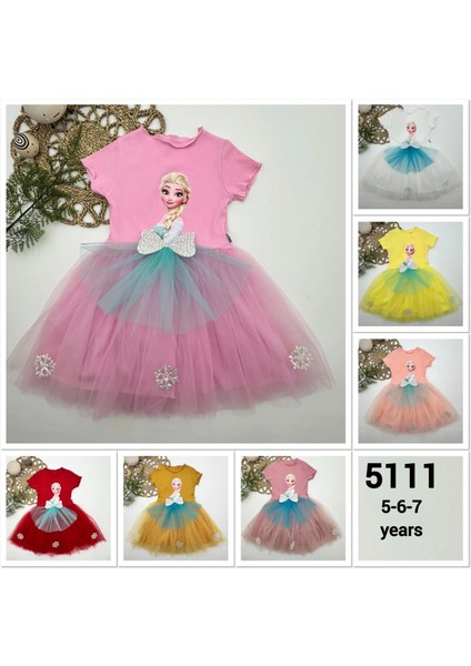 5-6-7 Yaş Elsa Desenli Fiyonklu Tül Etekli Astarlı Kısa Kollu Kız Çocuk Tütü Elbise Sarı
