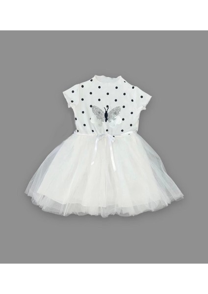 5-6-7 Yaş Payetli Kelebek Desenli Puantiyeli Kız Çocuk Elbisesi Beyaz