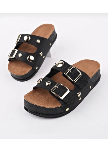 Siyah Zımba Detaylı Kalın Tabanlı Ayarlanılabilir Bantlı Ortopedik Terlik fırsatları