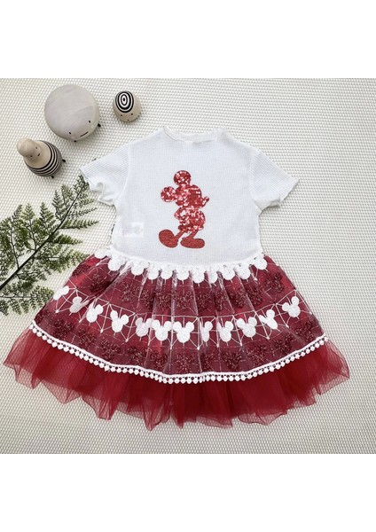 1-2-3 Yaş Payetli Mickey Baskılı Brode Etekli Kız Bebek Elbisesi Kırmızı