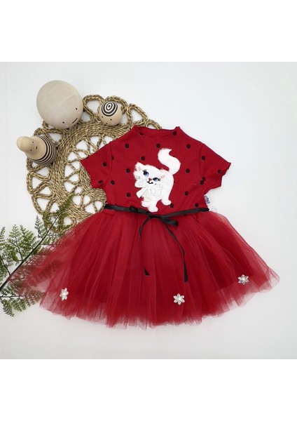 1-2-3 Yaş Payetli Kedicik Baskılı Puantiyeli Kız Bebek Elbisesi Kırmızı