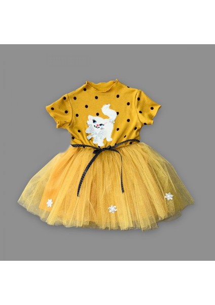 1-2-3 Yaş Payetli Kedicik Baskılı Puantiyeli Kız Bebek Elbisesi Hardal