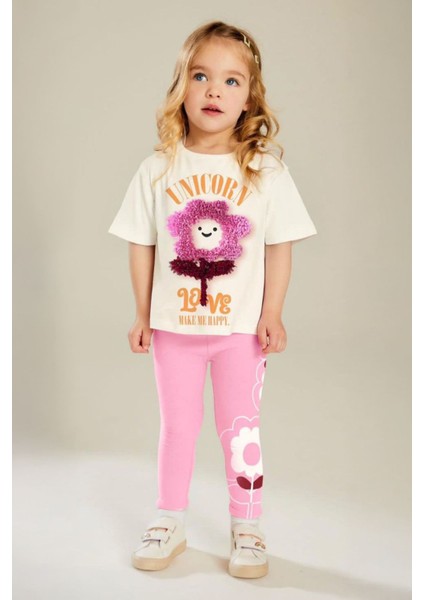 Uncrn Çiçek Detaylı Kız Çocuk Taytlı takım - Pembe