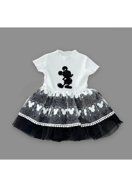 1-2-3 Yaş Payetli Mickey Baskılı Brode Etekli Kız Bebek Elbisesi Siyah