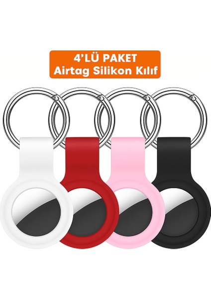 Airtag Uyumlu 4’lü Silikon Kılıf Seti Anahtarlık Halkalı Arkası Kapalı Düşmez