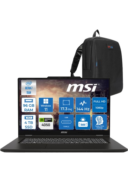 Msı Venturepro 17 Aı WA1VEG Intel Core Ultra 7 155H 96GB Ddr5 4tb SSD Windows 11 Pro 17.3" Fhd IPS 144Hz Taşınabilir Bilgisayar W014XTRW24+ZETTAÇANTA