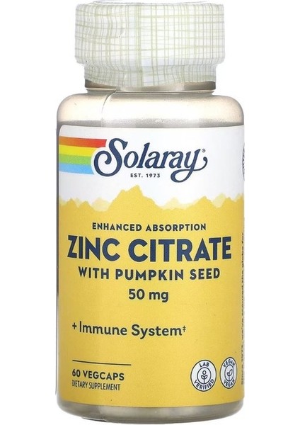 Solaray, Zinc Citrate With Pumpkin Seed, 50 Mg, 60 Veg Kapsül